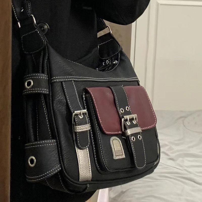 Yogodlns Retro Patchwork Shoulder Bag For Women Soft Leather Crossbody Bag Cool Girl Messenger Bag Shopping Purse Handbag