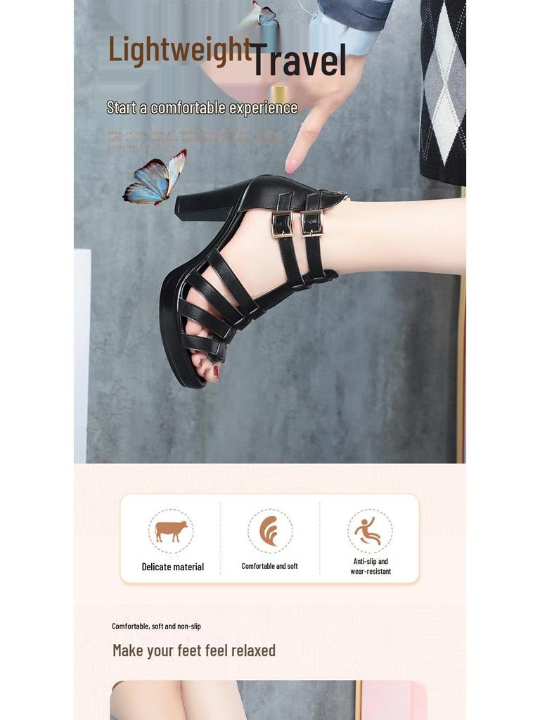 Женские летние 2025 года сандалии на высоком каблуке в римском стиле, с открытым носком, на платформе, кожаные