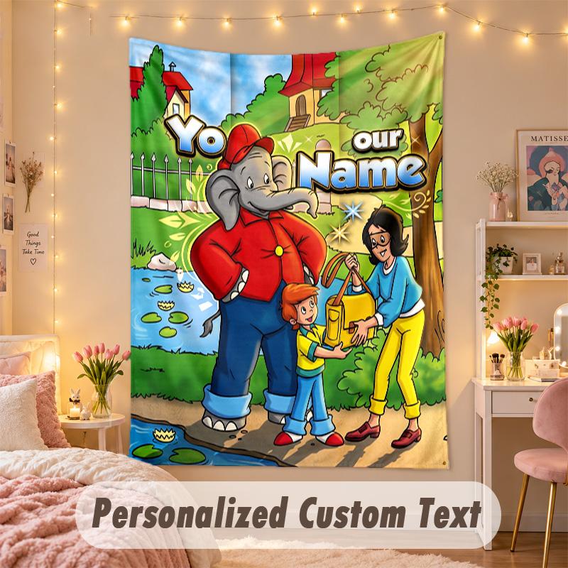 Custom Personalized Tapestry,Benjamin Blümchen Print Custom Name Text Wall Art Hanging for Bedroom