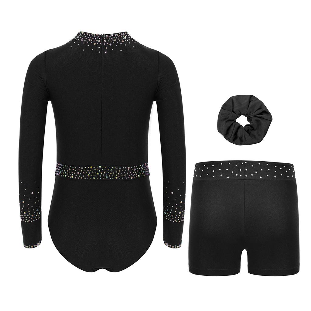 Girls Gymnastics Dance Set Long Sleeve Shiny Cutout Front Back Zipper Leotard Rhinestones Shorts Headwear