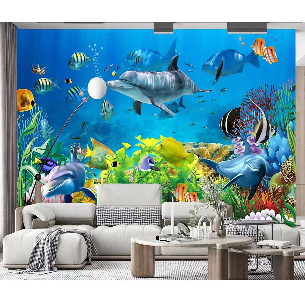 Photo Mural 3D Underwater World Wall Mural Dolphin Fish Coral Children Room Living Room TV Background Wall Home Decoration