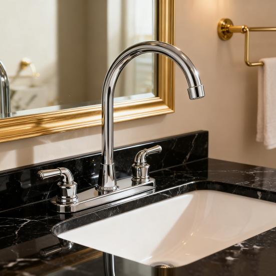 Смеситель для автодома Двухрычажный кухонный смеситель Смеситель с высоким изливом Вращение на 360° 8" Хромированный металлический смеситель-аэратор