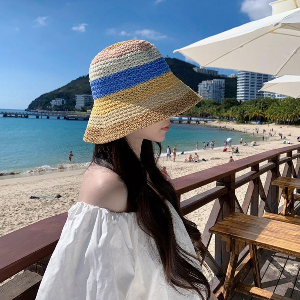 Shade Sun Caps Sunscreen Bucket Hat Stripe Beach Fisherman Hat Rainbow Straw Hat  Outdoor Sports