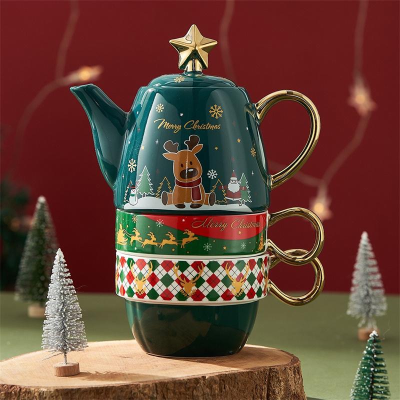 Christmas Ceramic Teapot Teacups Set with Gift Box Santa Claus/Elk Cartoon Teaware Coffee Cup Home Party Decor Christmas Gifts