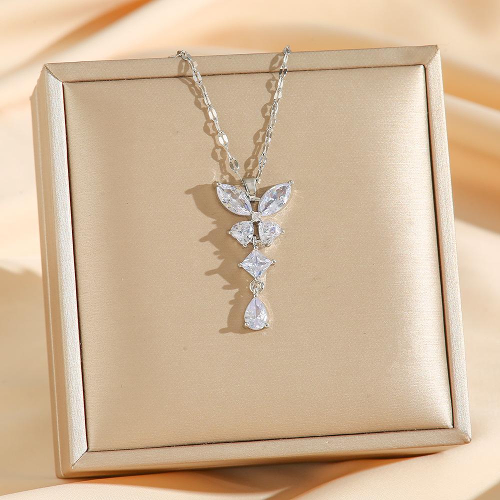 Fashion Tassel Zircon Diamond Butterfly Necklace 18K Gold Plated Stainless Steel Chain Pendant Luxury Women's Gift