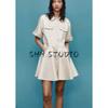 Весна Новая Женская Одежда Французский Стиль Ретро Лацканы Короткий Рукав Складки на Спине Широкий Подол Короткое Платье 4661328