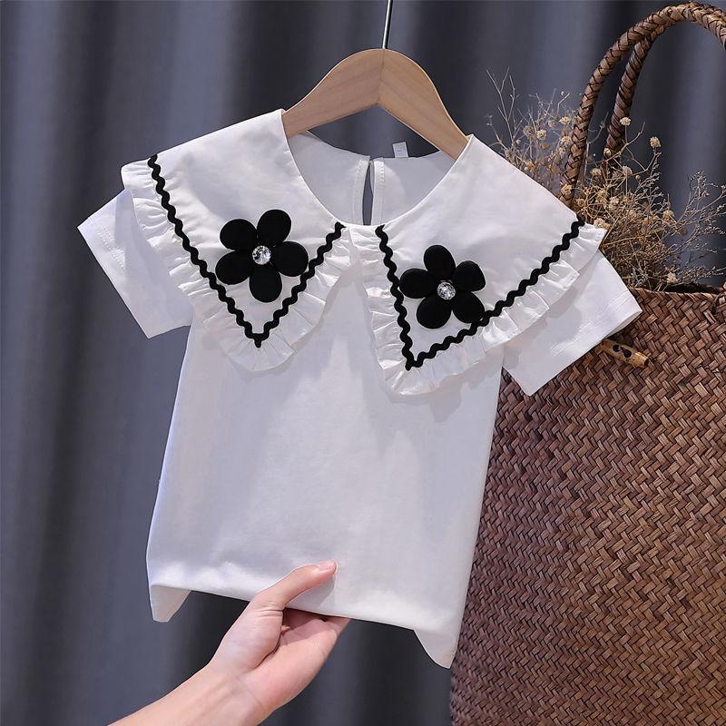 Летняя белая футболка с короткими рукавами для девочек, новинка 2022 года, хлопковая детская кружевная блузка с лацканами для подростков, детская школьная одежда, топы
