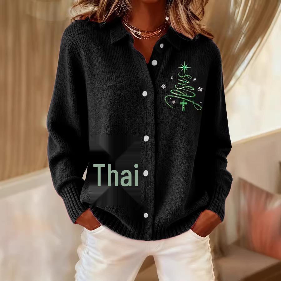 2026 New Women's 3D Print Lapel Cardigan Knit Shirt - European American Christmas Autumn Winter Top