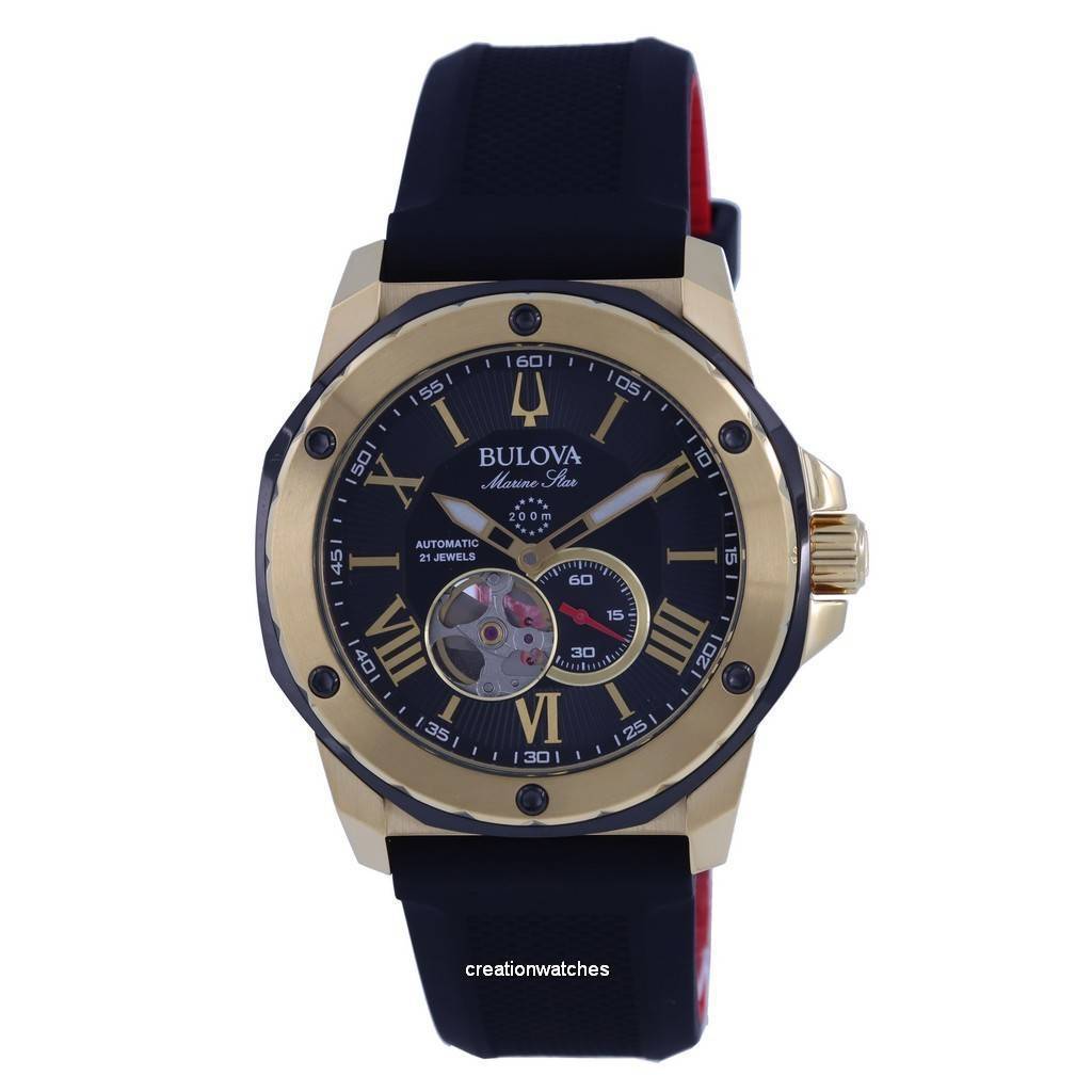BULOVA Автоматические мужские часы для дайверов Marine Star с открытым сердцем и черным циферблатом 98A272 200M