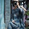 Spring Summer Women Fashion Linen Loose Dress V-Neck Distress Vintage Long Sleeve Casual Dress