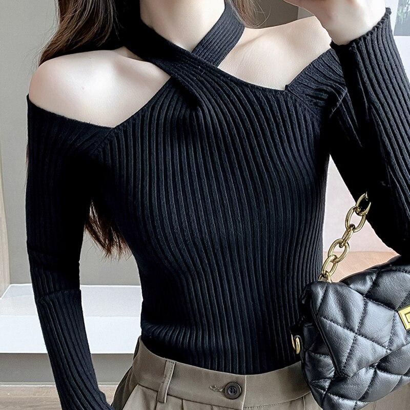 Solid Color Long Sleeve Pullovers Knitted Tops Sexy Off Shoulder Sweater Women Spring Autumn Halter Neck Slim Fit Clothes 28972
