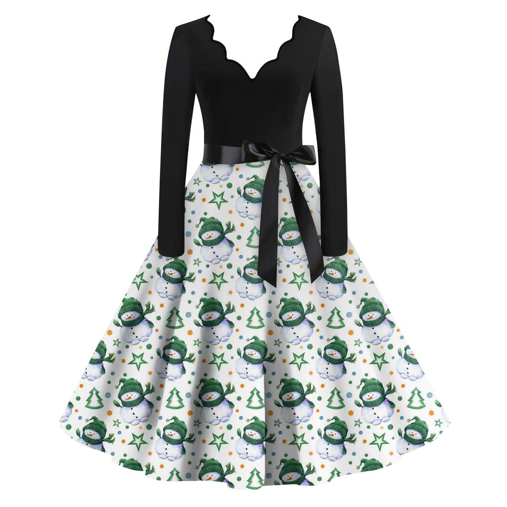 Женское повседневное модное платье с V-образным вырезом и длинными рукавами в стиле ретро с рождественским принтом в стиле ретро, осень