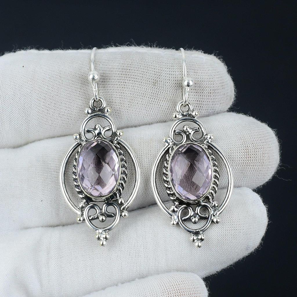 Серьги с розовым кунцитом, серебряные серьги с розовым кунцитом, серьги с розовым кунцитом, серьги из стерлингового серебра 925 пробы, серьги с драгоценными камнями, серьги с подвесками