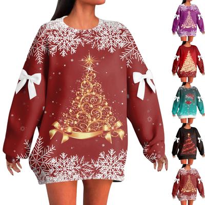 Женский рождественский пуловер с принтом и бантом, с круглым вырезом, длинными рукавами, свободного кроя