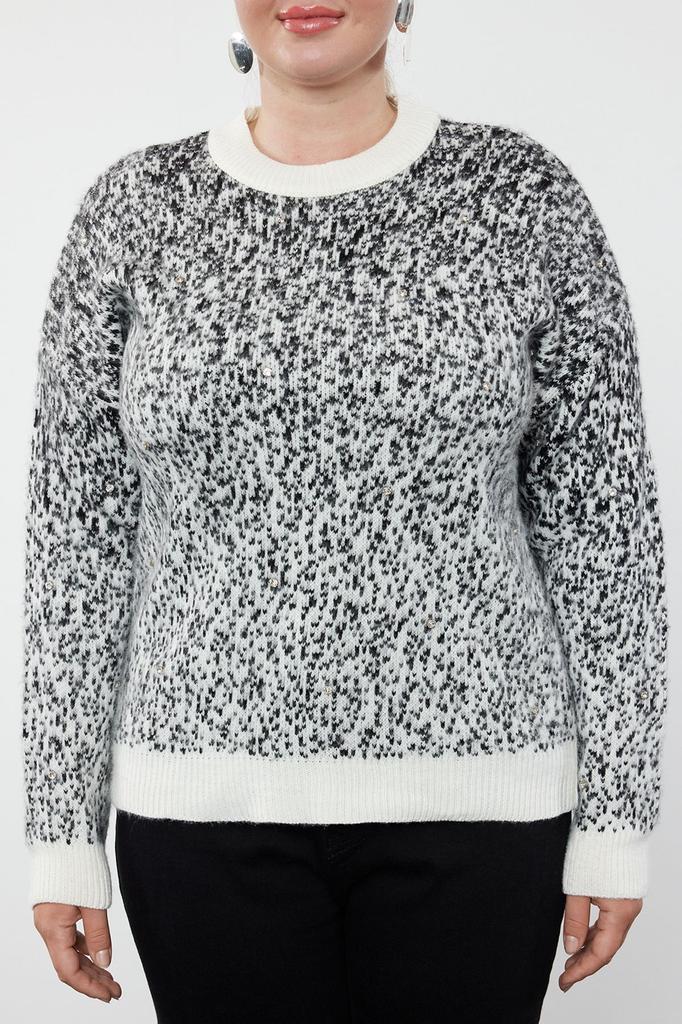 Women's Fashionable Stylish Plus Size Sweater Gray Melange Stoned Knitwear Sweater