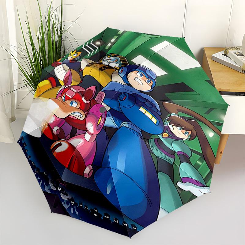 1pc Mega Man Automatic Opening Folding Umbrella with 8-Bone Iron Frame, Portable Design for Outdoor Use, Perfect Gift for Fans and Travelers.Y037