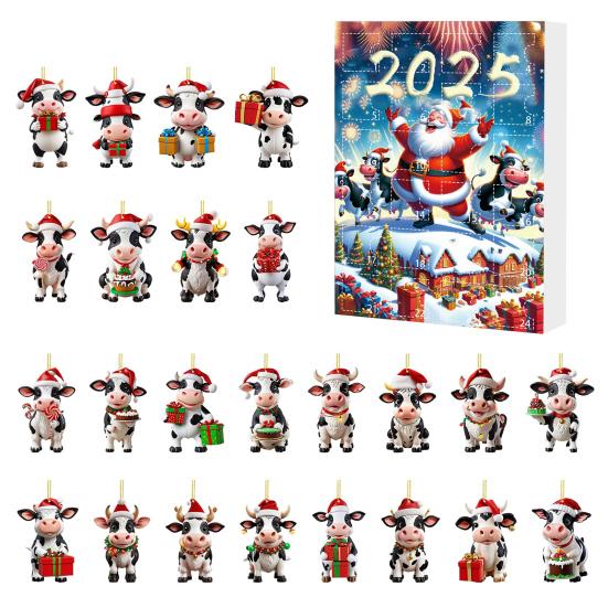 Cow Advent Calendar 2025 24 Days Christmas Countdown Calendar with 2D Acrylic Highland Cow Hanging Ornaments Cute Cow Christmas Tree Pendant