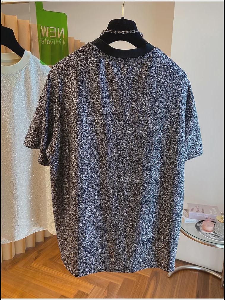 2024 Мужская шикарная шелковая футболка с пайетками - Европейский свободный крой с коротким рукавом