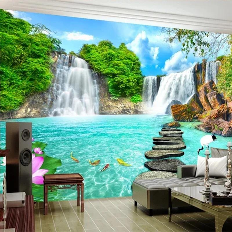 Индивидуальные фрески, обои, 3D стерео, водопады, пейзаж, фото, настенная живопись, гостиная, телевизор, диван, фон, стена, домашний декор, фреска