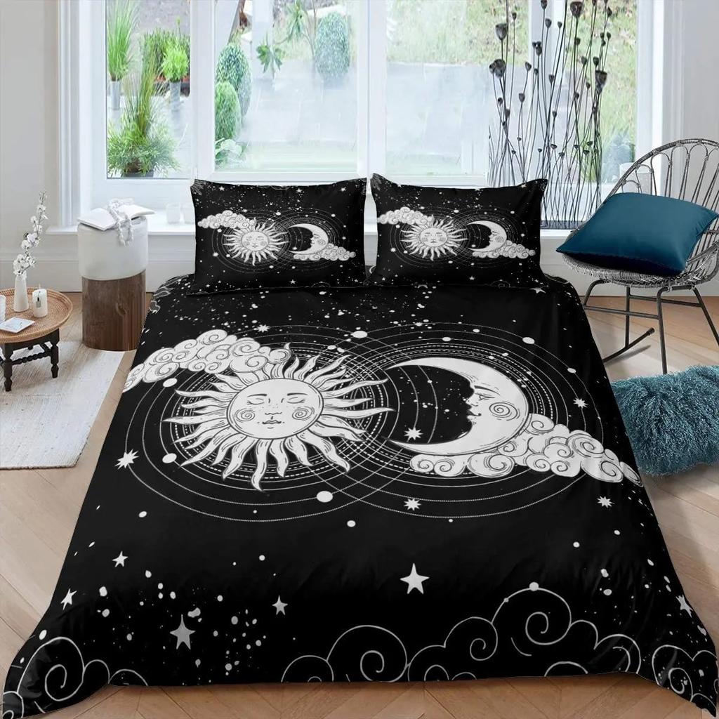 Sun Moon Duvet Cover Set Queen Microfiber Bohemian Black And White Print Yin Yang Comforter Cover Galaxy Star Twin Bedding Set