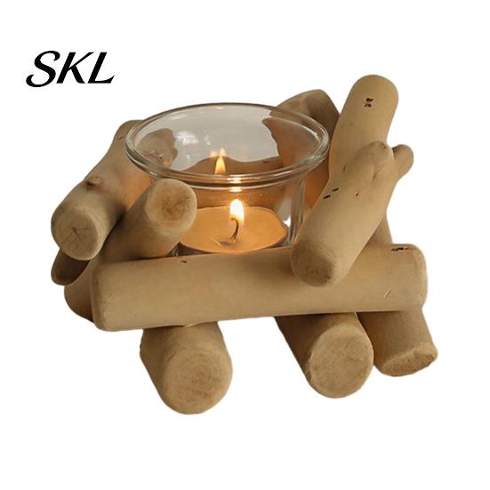 Stable Wood Candle Stand Wooden Glass Holder, Rustic Driftwood Ornament, Farmhouse Rural Home Decor Holder Tabletop for Living Room Bedroom