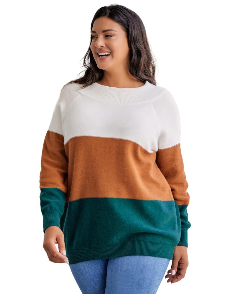 Azura Exchange Brown Plus Size Ribbed Trim Color Block Sweater
