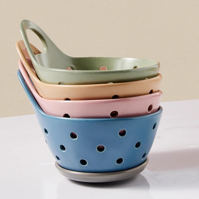 Ceramic Berry Bowls Ceramic Colander with Handles Fruit Berry Colander Filter Bowl Kitchen Artifact Drain Basket6