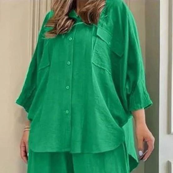 Женский комплект из хлопка и льна из двух предметов: рубашка на пуговицах с рукавом 3/4 и брюки с широкими штанинами и разрезом. Повседневный свободный домашний костюм.