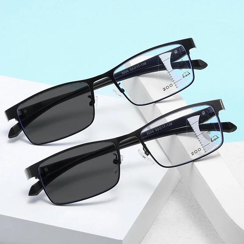 Progressive Multifocal Photochromic Reading Glasses Anti-Blue Light Far Sight Glasses Men Half Frame Business Presbyopia Glasses