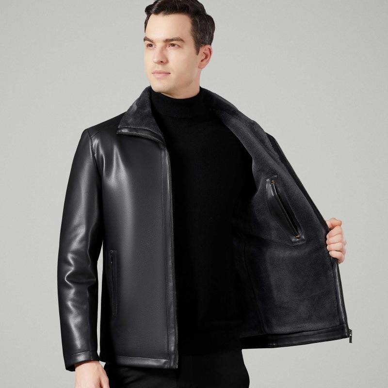 Fur-in-one Leather Jacket for Middle-aged and Elderly Men, Plus Velvet and Thickened Leather Jacket, Winter Genuine Leather Daddy Lapel Jacket