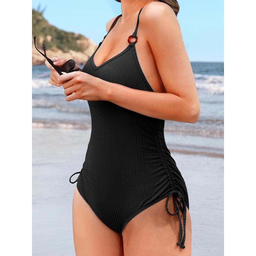 CHARMLEAKS Сплошные купальники в рубчик для женщин, регулируемые завязки по бокам, купальные костюмы с контролем живота, монокини с высоким вырезом и подкладкой