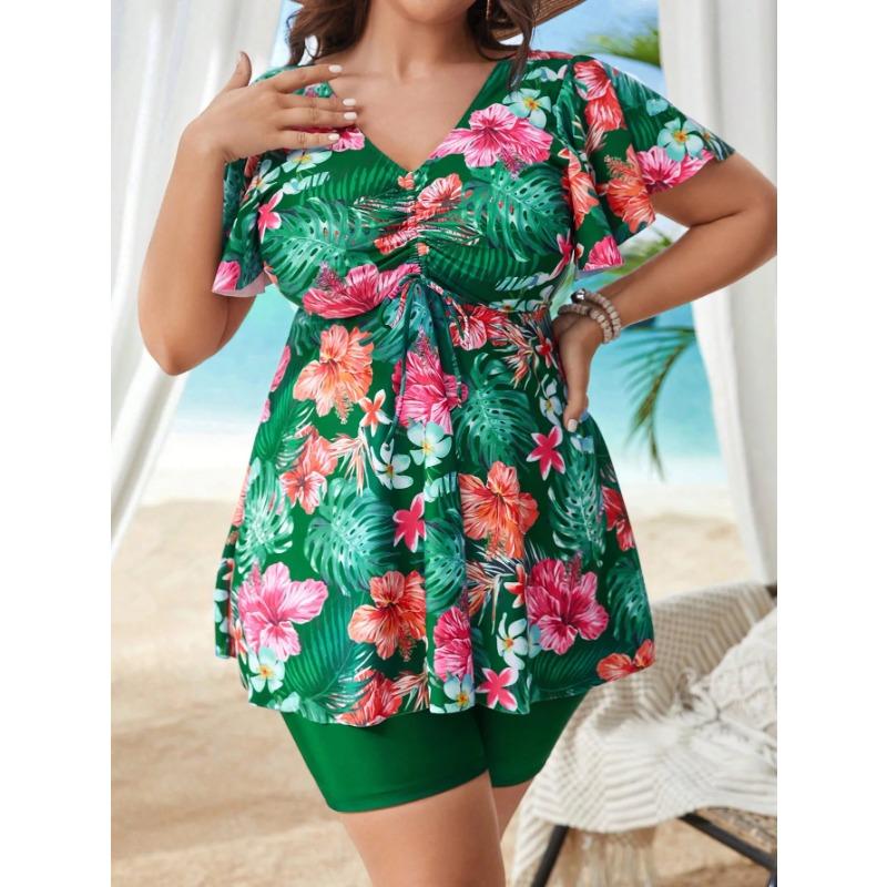 2025 Двухсекционный купальник для женщин больших размеров с принтом танкини для серфинга, спортивная пляжная одежда, женский купальный костюм с высокой талией