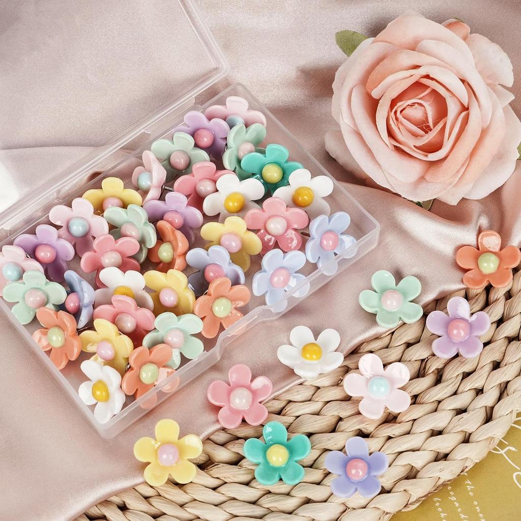 40 PCS Decorative Push P, Thumb Tacks for Bulletin Board, Cute Thumbtacks, Colorful Flower Pin Tacks for Cork Board Map Photo Poster Calendar