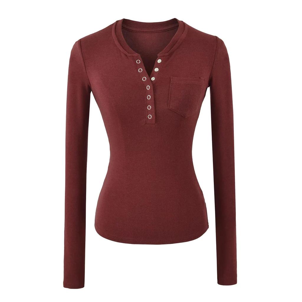 Женская американская остромодная облегающая футболка-henley с длинным рукавом - Универсальная базовая футболка, 2025