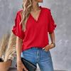 Summer Simple Solid Short sleeve Frill V-neck Shirts Top Women Women's Shirt Top
