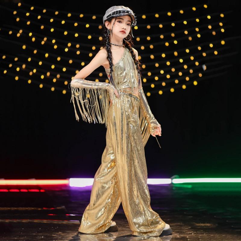 Girls Jazz Dance Outfit With Fringe Sequins Top Gold Pants Set Stage Performance Hip Hop Style