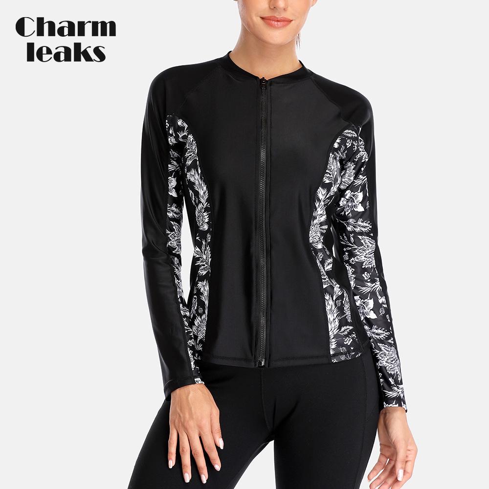 CHARMLEAKS Women Zip UV Sports Shirt Rash Vest Long Sleeve Rashguard Running Biking Beach Shirts Rashguard Tankini Top