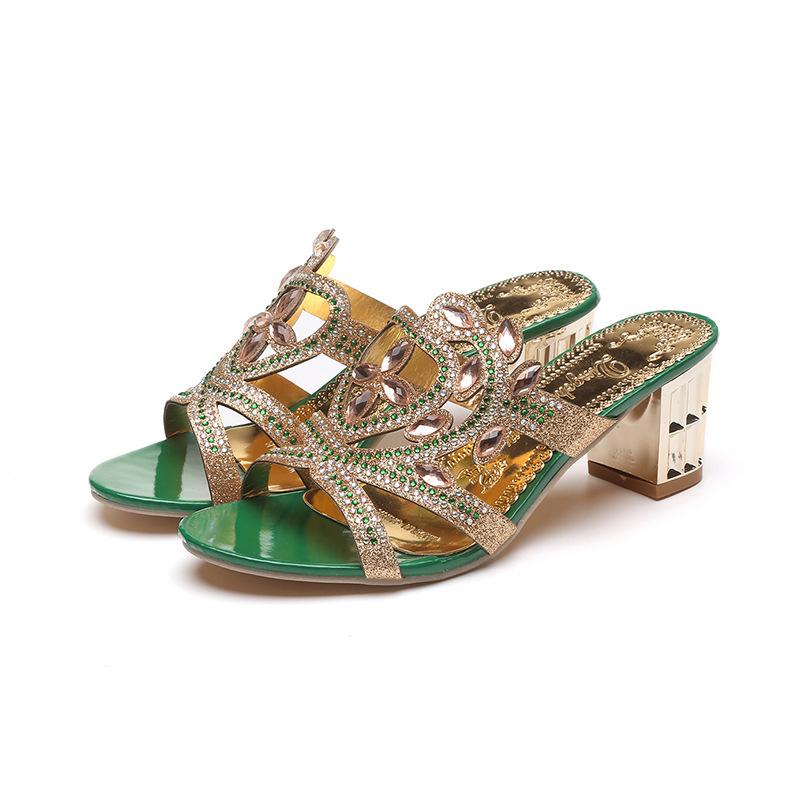Summer New 2024 Rhinestone Slippers Ladies Chunky Heels Hollow Casual Slippers Fashion Beach Shoes Woman Sandalias De Mujer