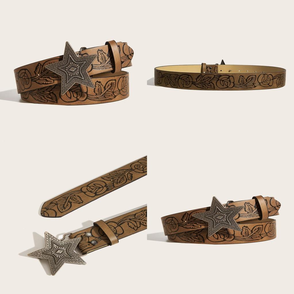 Womens Star Pattern Faux Leather Belt With Alloy Snap Buckle For Casual Wear
