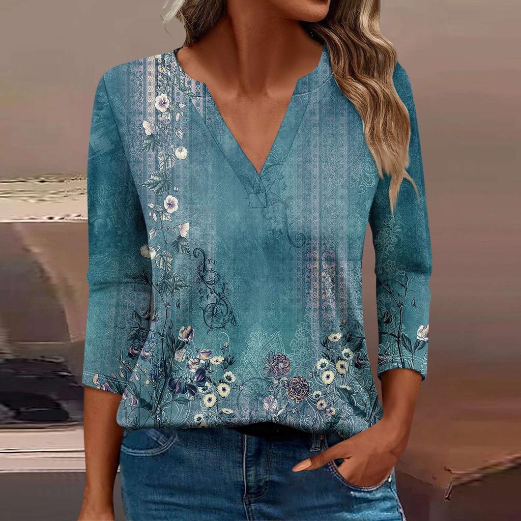 Женская футболка Футболка с принтом Рукав 3/4 Повседневные Выходные Мода Базовый V-образный вырез Обычный топ