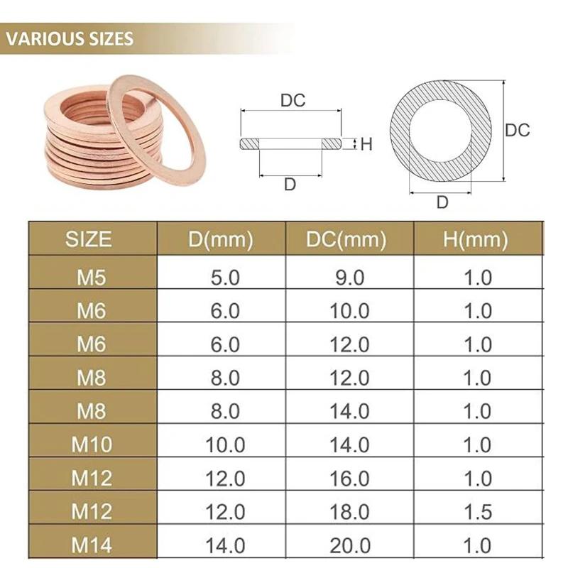 100-400PCS Copper Washer Gasket Nut And Bolt Set Flat Ring Seal Assortment Kit With Box M4/M5/M6/M8/M10/M12/M14 For Sump Plugs