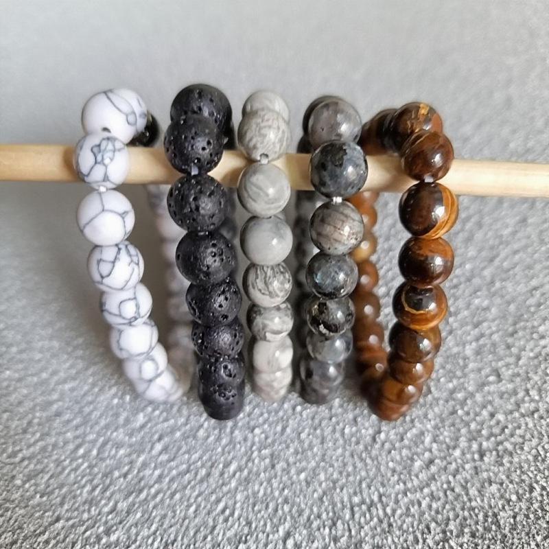 Tiger Eye, Volcanic & Map Stone Elastic Beaded Bracelet - Natural Stone Accessory