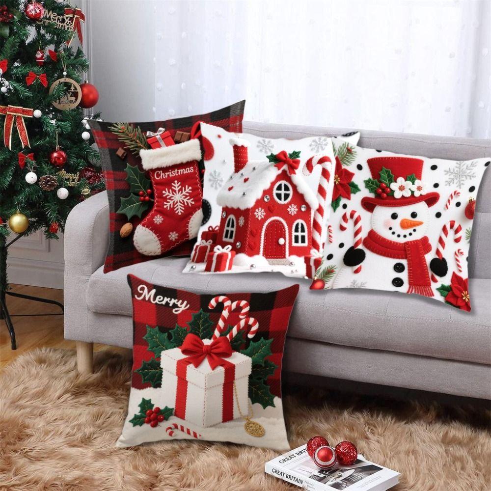 Christmas Cushion Cover Snowflake Santa Claus Cartoon Christmas Pillow Cover Christmas Tree Pattern Elk Decorative