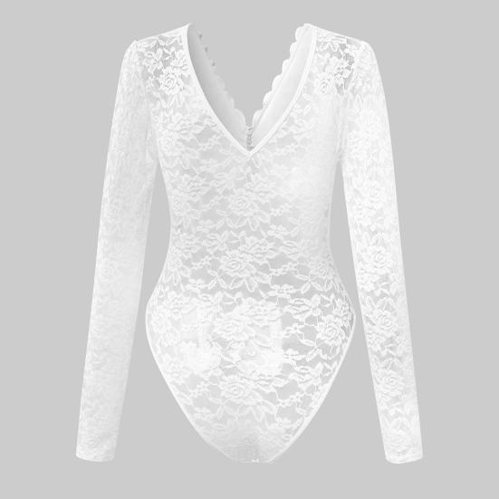Women Bodysuit Flower Embroidery Lace Elastic Deep V Neck See-through Long Sleeve Solid Color Slim Fit Soft Breathable Spring Playsuit