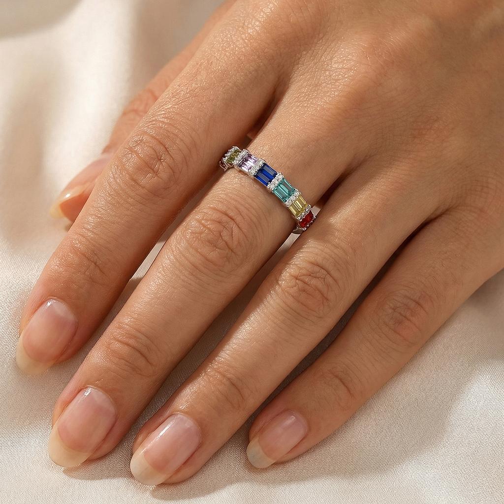 Colorful Baguette Zircon Bezel Setting Trendy 925 Sterling Silver Rhodium Plated Wedding Ring Party Gift