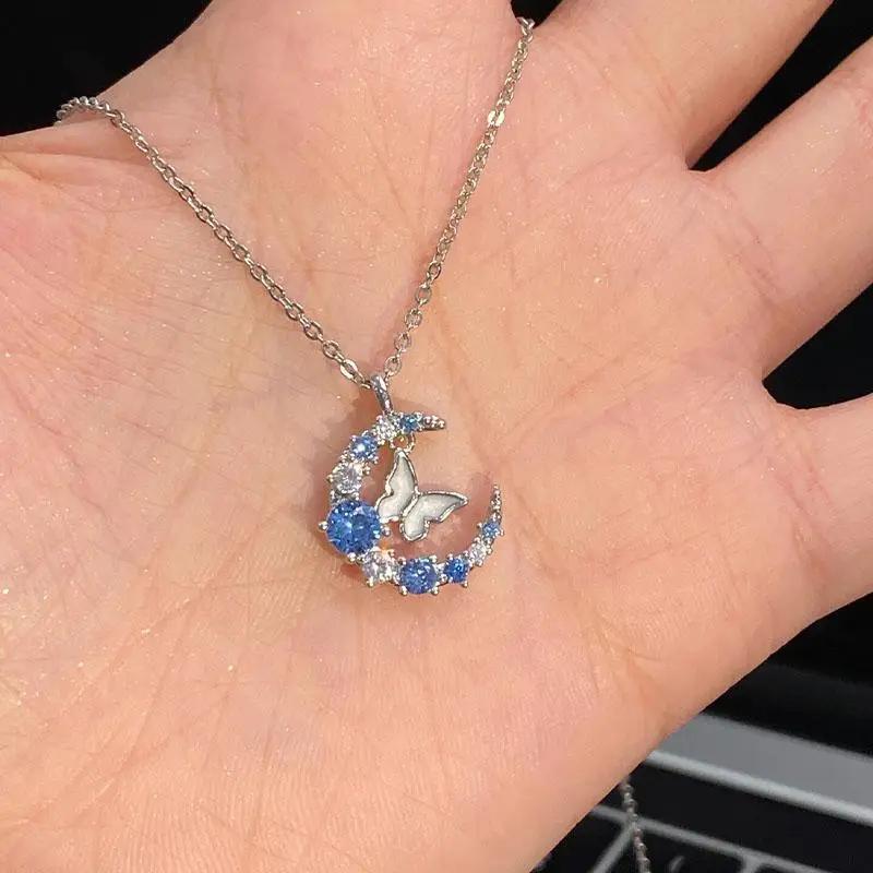 Korean New Butterfly Pendant Necklace for Women Fashion Sweet White Blue Zircon Moon Necklace Choker Chain Wedding Party Jewelry