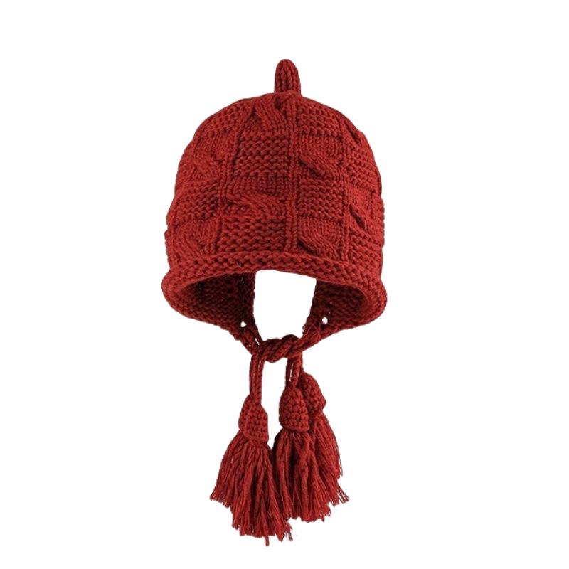 Festive Red Tassel Beanie - Women's Autumn/Winter Ear Protection Hat for Christmas and New Year