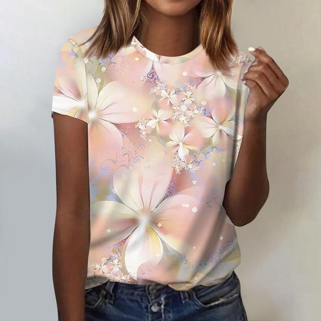Women's Fashion Casual Short Sleeve Flower Print Round Neck Pullover Top Blouse