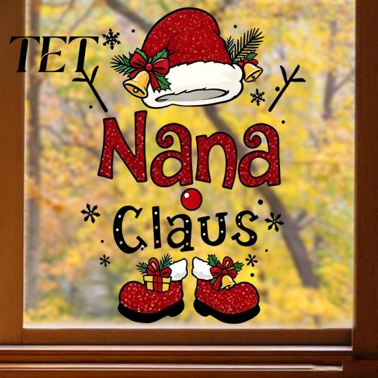 Holiday Glass Decals Nana Claus Window Sticker, Christmas Static Cling Removable Art PVC Decal for Home Shop Door Decorations