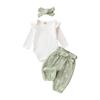 Baby Girls 3PCS Pants Sets White Long Sleeve Ruffle Romper Daisy Print Belted Pants Headband Sets